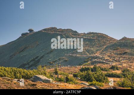 Snezka, oder Sniezka - der höchste Berg Tschechiens, Riesengebirge - Nationalpark Krkonose, Tschechien und Polen. Stockfoto