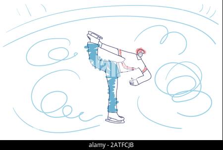 Abbildung Skater. Männliche Charaktere tun Spin auf weißem Hintergrund. Athleten auf der Eisbahn. Vektor illustartion in doodle Stil. Stock Vektor