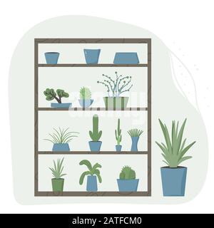 Regal mit Innenanlagen. Satz Topfhausanlagen. Sammlung von handgezogenen Zimmerpflanzen. Vektor-Ebene Abbildung. Stock Vektor