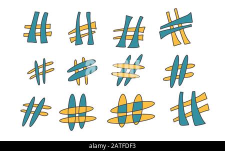 Hashtag- oder Nummernschilder isoliert auf weißem Hintergrund. Hash-Tags-Symbole für soziale Medien festgelegt. Vektorgrafiken. Stock Vektor