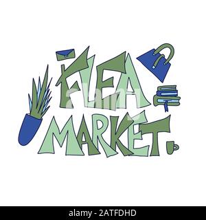 Flohmarkt-Emblem. Stilisierter Text und handgezeichnete Dekoration. Vektorgrafiken. Stock Vektor