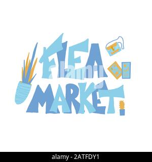 Flohmarkt-Emblem. Stilisierter Text und handgezeichnete Dekoration. Vektorgrafiken. Stock Vektor