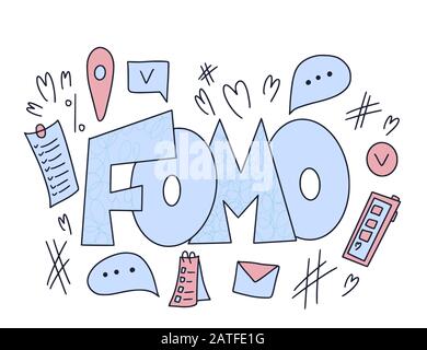 FOMO Abkürzung text Emblem auf weißem Hintergrund. Moderne soziale Angst Akronym. Angst vor fehlenden Konzept. Vector Illustration Stock Vektor