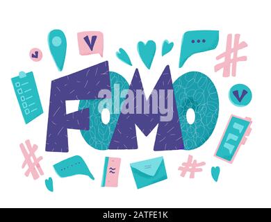 FOMO Abkürzung text Emblem auf weißem Hintergrund. Moderne soziale Angst Akronym. Angst vor fehlenden Konzept. Vector Illustration Stock Vektor