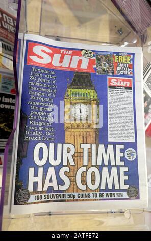 Die Titelzeile der Sun Brexit Day Zeitung "Our Time Has Come" für London England Großbritannien ist in die Schlagzeilen gekommen Stockfoto