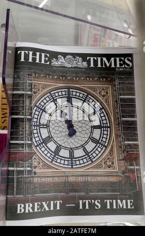 Die Titelseite Der Zeitung Times Brexit Day ist für London England UK in einer Schlagzeilen Stockfoto
