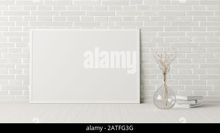 Leerer horizontaler Posterrahmen steht auf weißem Boden neben der weißen Ziegelwand mit Vase und Büchern. Beschneidungspfad um das Poster. 3D-Illustration Stockfoto