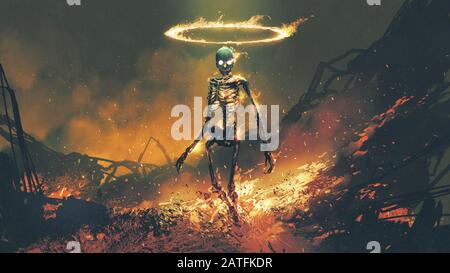 Horror-Charakter von Dämonenskelett mit Feuerflammen in hellfire, digitaler Kunststil, Illustrationsgemälde Stockfoto