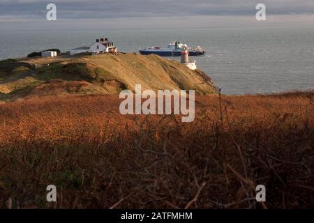 Der Baily Leuchtturm, Howth. co. Dublin, Baily Leuchtturm auf Howth Klippen, Blick auf den Baily Leuchtturm von der Klippe mit Frachtschiff im Hintergrund Stockfoto