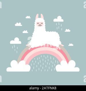 Süße Zeichentrick-Lama auf dem Regenbogen mit Wolken Stock Vektor