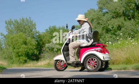 Portrait einer afroamerikanischen Frau in Sonnenbrille und einem elektrischen Roller mit Hut. Freiheit des Fahrens von Mobility Vehicle entlang des grünen Stadtparks auf Summ Stockfoto