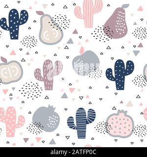 Nahtloses Muster mit Kakteen und Früchten auf weißem Hintergrund Stock Vektor