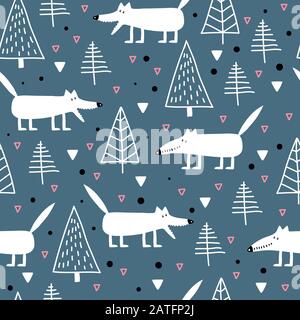 Nahtlose Chilischote mit süßen weißen Wölfen Stock Vektor