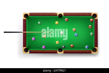 Amerikanischer Billardtisch mit Pool-Cue und glänzenden Bällen und anderen Geräten. Vector Realistic 3D detaillierte, farbenfrohe Illustration. Stock Vektor