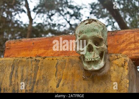 Menschliche Schädelskulptur im Park der Cachiche Hexen in ICA Stockfoto