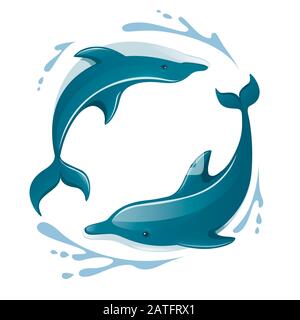 Zwei Delfine, die im Konzept des Wasserlogos spielen, entwerfen Cartoon tierische flache Vektorillustration auf weißem Hintergrund Stock Vektor