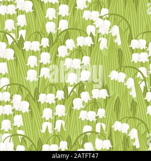 Nahtloses Muster Frühling convalaria majalis lilly des Tals grünes Blumenmuster und Gras-Flachvektor-Illustration Stock Vektor