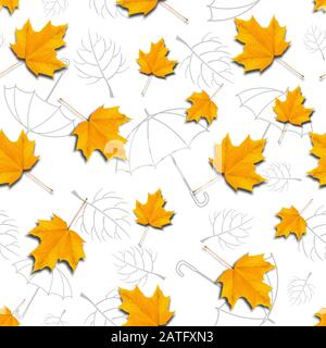 Herbstlaub mit grauen Regenschirmen. Mode nahtloser Hintergrund. Staffel. - Abbildung Stockfoto