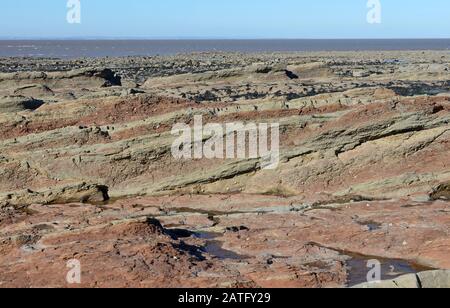 Mercia Mudstone sedimentäre Felsen an der Helwell Bay in der Severn-Flussmünde bei Watchet, Somerset, Großbritannien, Stockfoto