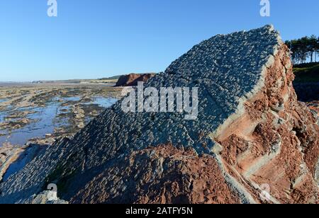 Mercia Mudstone sedimentäre Felsen an der Helwell Bay in der Severn-Flussmünde bei Watchet, Somerset, Großbritannien, Stockfoto