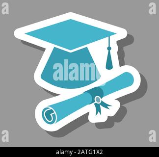 Abschlusskappe und Diplomatensymbol, die die Ausbildung und das qualifizierte Personal symbolisieren. Alle Objekte, Schatten und Hintergrund befinden sich in verschiedenen Ebenen. Stock Vektor