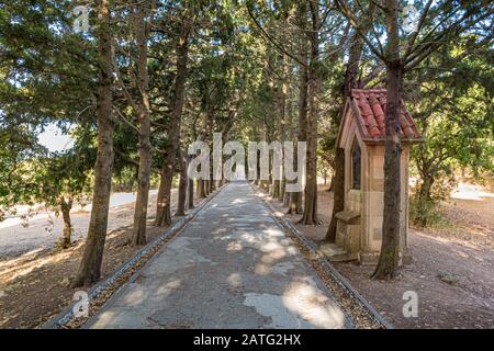 Weg durch Zedernbäume Torbogen mit kleinen kalvarienstationen im Kloster Filerimos (Rhodos, Griechenland) Stockfoto