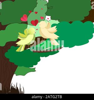 Süße und fröhliche Liebesvögel auf Baum mit Herz Stock Vektor