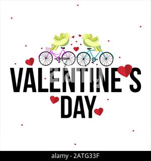 Valentinstag Hintergrund mit Herzen, Fahrrad, Liebesvögel und Typografie der fröhlichen Valentinstag Text .Vektor-Illustration. Stock Vektor
