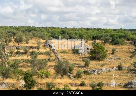 Ländliche Landschaft in der Nähe von Altamura und Santeramo in Colle, Bari, Apulien, Süditalien, im Sommer. Stockfoto