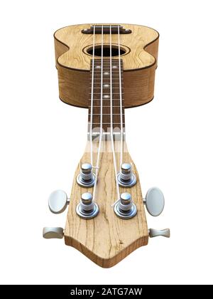 Traditionelle Sopran-Ukulele aus Holz, Links, 3D-Darstellung, Darstellung isoliert auf weißem Hintergrund Stockfoto