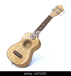 Traditionelle Sopran-Ukulele 3D-Darstellung aus Holz, isoliert auf weißem Hintergrund Stockfoto