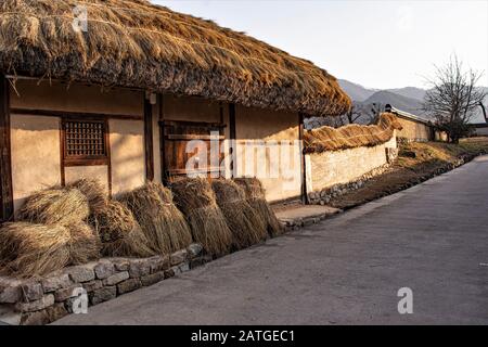 Reetdachhütte in einem traditionellen Folk Village in South Kore. Stockfoto