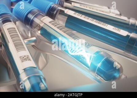 DNA-Molekül, das sich im Reagenzglas bildet. 3D-Illustration, konzeptionelles Bild von Wissenschaft und Technologie. Stockfoto