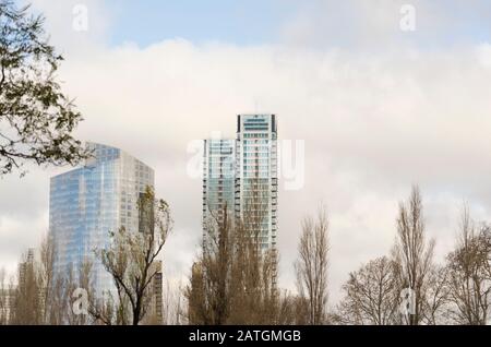 Urbane Reflexion: Gebäude und Bäume spiegelten sich in einer Wasserpfütze in Puerto Madero, Buenos Aires, Argentinien, wider Stockfoto