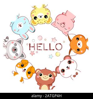 Rahmen mit niedlichen neugierigen Cartoon-Tieren, die hinschauen und die Aufschrift Hallo. Quadratkarte mit Kawaii-Tieren - Affe, Panda, Fuchs, Lemur, Schwein, leop Stock Vektor