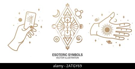 Esoterische Symbole. Vektorgrafiken. Geometrische Plakette mit dünner Linie. Gliederungssymbol für Alchemie oder heilige Geometrie. Mystisches und magisches Design mit Zauberkarte, Sonne, Hand, Sternen, Planeten und Mond. Stock Vektor