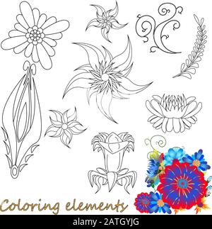Fantasy-Blumenelemente-Illustration auf weiß isoliert gesetzt. Vektorbild. Farbseite Stock Vektor