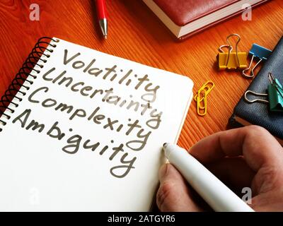 VUCA - Volatilität, Unsicherheit, Komplexität, Mehrdeutigkeiten in der Notiz. Stockfoto