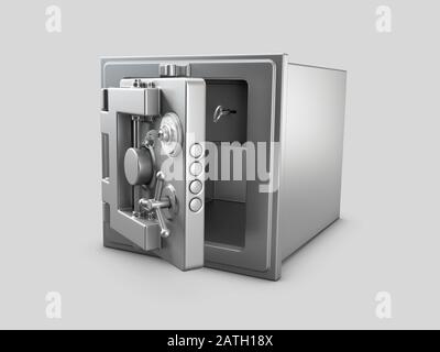 3D-Rendering von Sicherheitsmetall-Safe mit leerem Raum im Inneren. Stockfoto