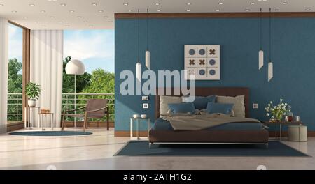 Modernes blaues Hauptschlafzimmer einer modernen Villa mit Lederdoppelbett und Sessel im Hintergrund - 3D-Rendering Stockfoto