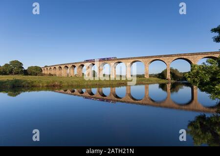 Arriva Northern Rail Class 153 + Klasse 142 Schrittmacherzug über Arthington Viaduct/Wharfedale Viadukt (River Wharf, Leeds - Harrogate Line) Stockfoto