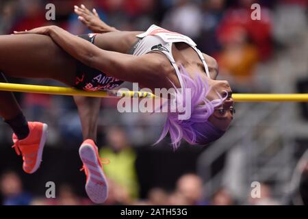 Trinec, Tschechien. Februar 2020. Priscilla FREDERICK von Antigua und Babuda konkurriert beim Hallen-Sporttreffen der Beskydy's Bar im Hochsprung am 2. Februar 2019 in Trinec, Tschechien. Kredit: CTK/Alamy Live News Stockfoto