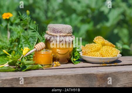 Süßer Honig im Kamm. Honiggefäße, Bienenwabe auf Holztisch mit Blumenhintergrund Stockfoto