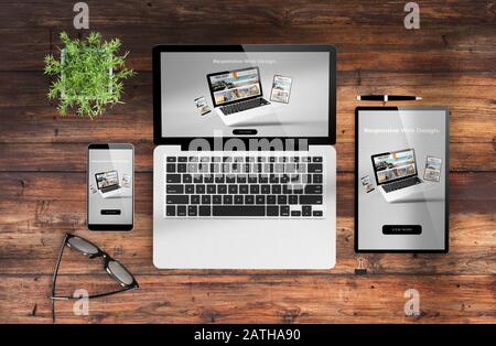 Reaktionsschnelles Webdesign auf Geräten 3d-Rendering Stockfoto