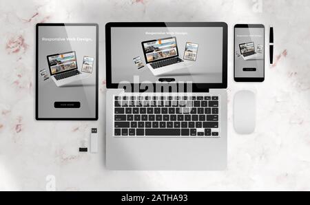 Reaktionsschnelles Webdesign auf Geräten 3d-Rendering Stockfoto