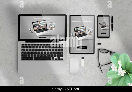 Reaktionsschnelles Webdesign auf Geräten 3d-Rendering Stockfoto