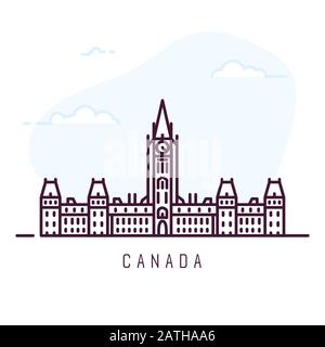 Canada City Line - Illustration. Berühmter Centre Block in Ottawa, Ontario. Symbol der Architekturstadt Kanadas. Gebäude umreißen. Wolken am Himmel auf dem Rücken Stock Vektor