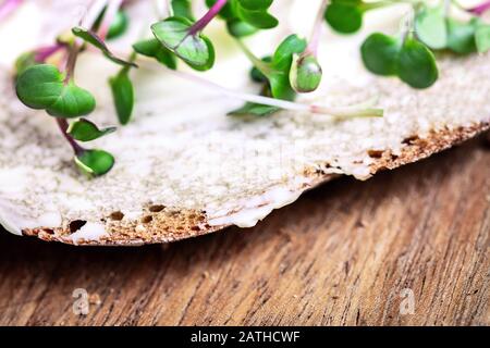 Nahaufnahme eines gesunden Sandwiches oder Brotes mit Mikrogrüns wie Rettich- oder Sprösslinge darauf Stockfoto