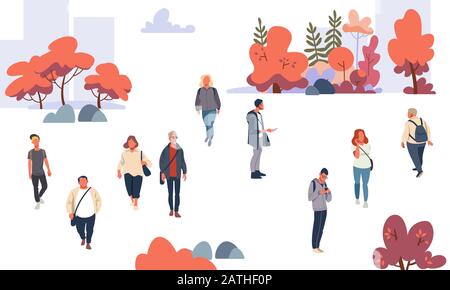 Menschen im Herbstpark. Legen Sie beiläufige Männer und Frauen im Herbst isoliert auf weiße Hintergrundvektorillustration. Stock Vektor
