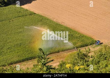 Wasser die Installation von Sprinklern in einem Feld von Mais, Luftaufnahme Stockfoto